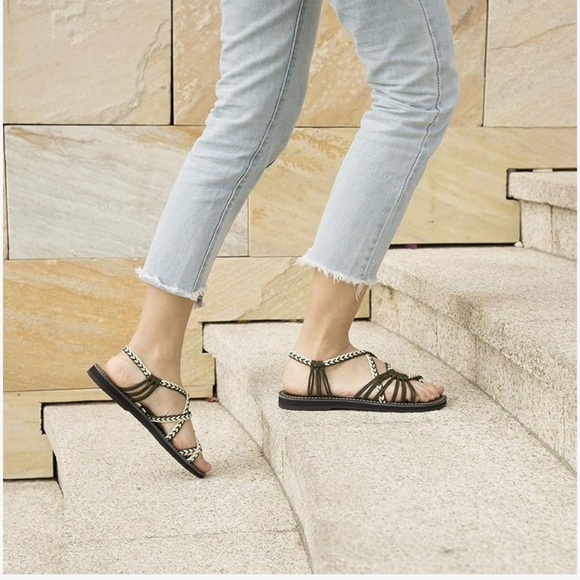 Black and Tan Sandals with Gold Chain Straps - Picture 6 of 6